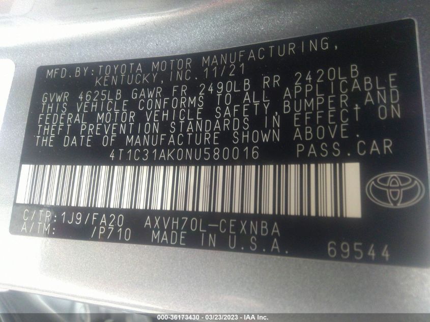 2022 TOYOTA CAMRY HYBRID LE - 4T1C31AK0NU580016