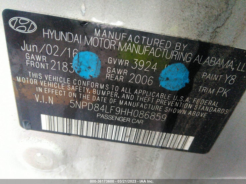 VIN 5NPD84LF9HH086859 2017 HYUNDAI ELANTRA SE