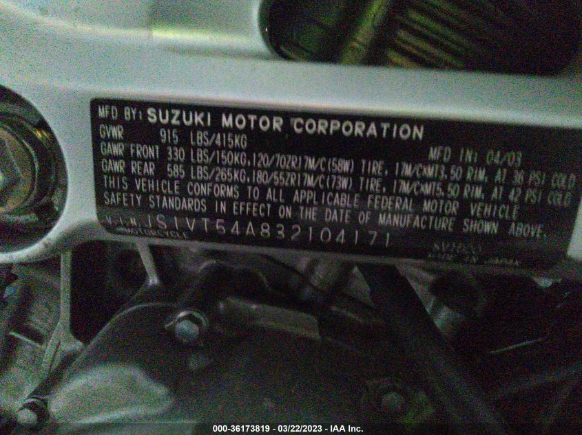 2003 SUZUKI SV1000 SK3 JS1VT54A832104171