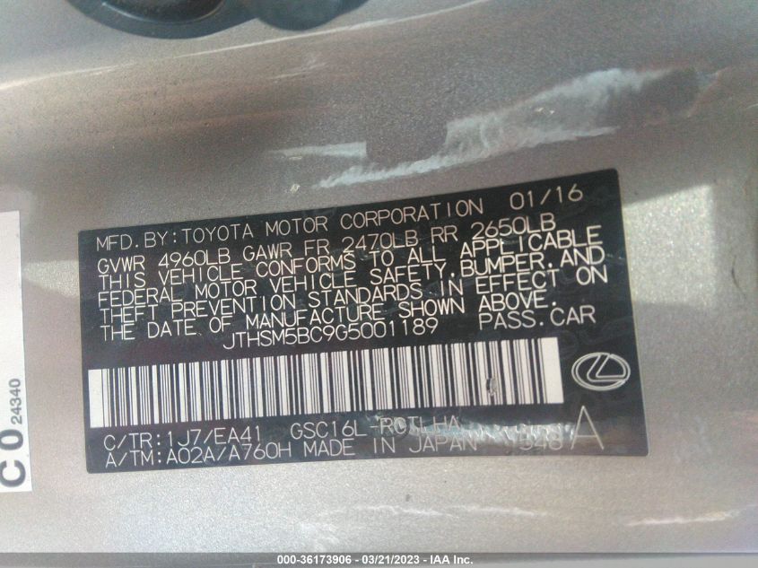 2016 LEXUS RC 300 JTHSM5BC9G5001189