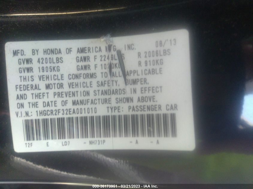 2014 HONDA ACCORD SEDAN LX - 1HGCR2F32EA001010