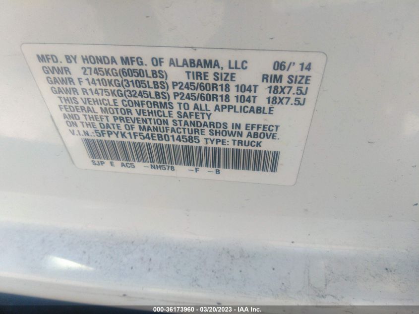 2014 HONDA RIDGELINE RTL - 5FPYK1F54EB014585