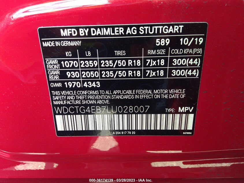 VIN WDCTG4EB7LU028007 2020 MERCEDES-BENZ GLA