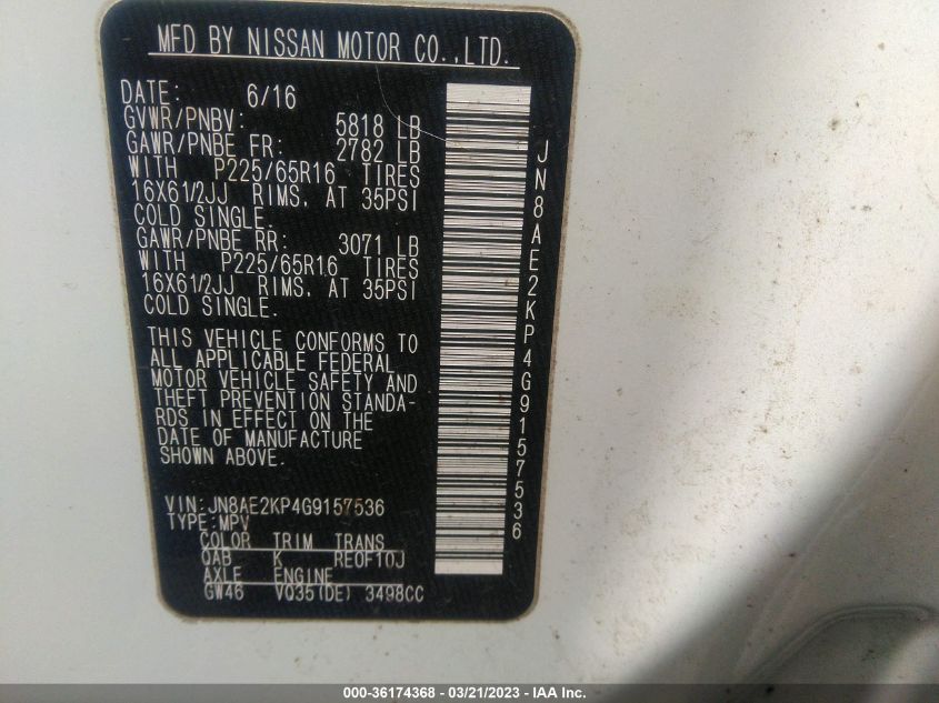 2016 NISSAN QUEST S - JN8AE2KP4G9157536