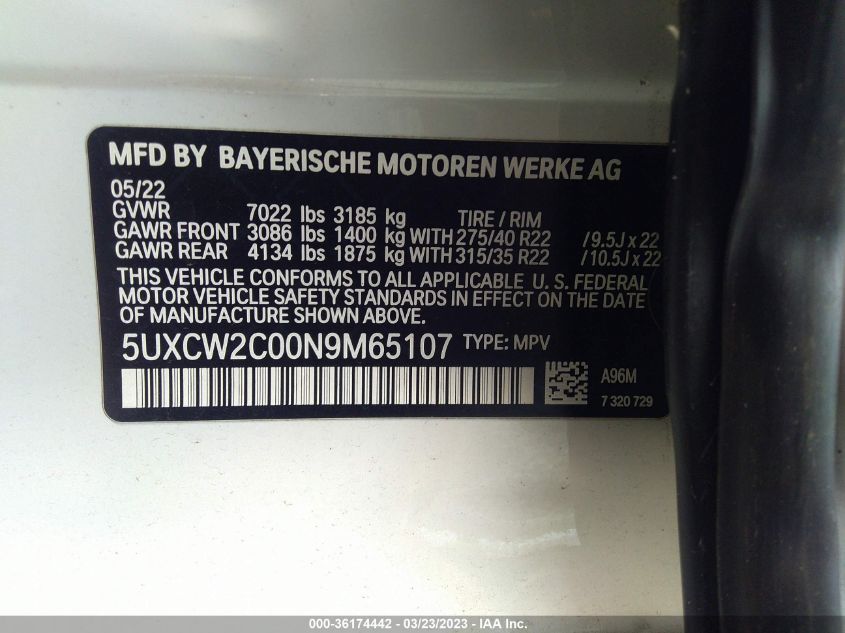 2022 BMW X7 XDRIVE40I - 5UXCW2C00N9M65107