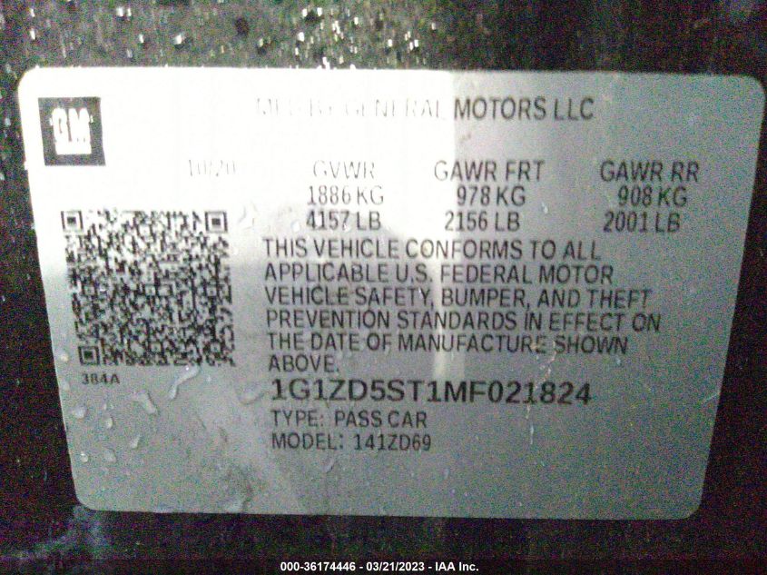 2021 CHEVROLET MALIBU LT - 1G1ZD5ST1MF021824