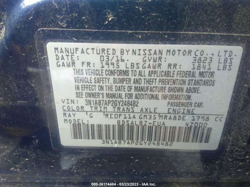 2016 NISSAN SENTRA S - 3N1AB7AP2GY248482