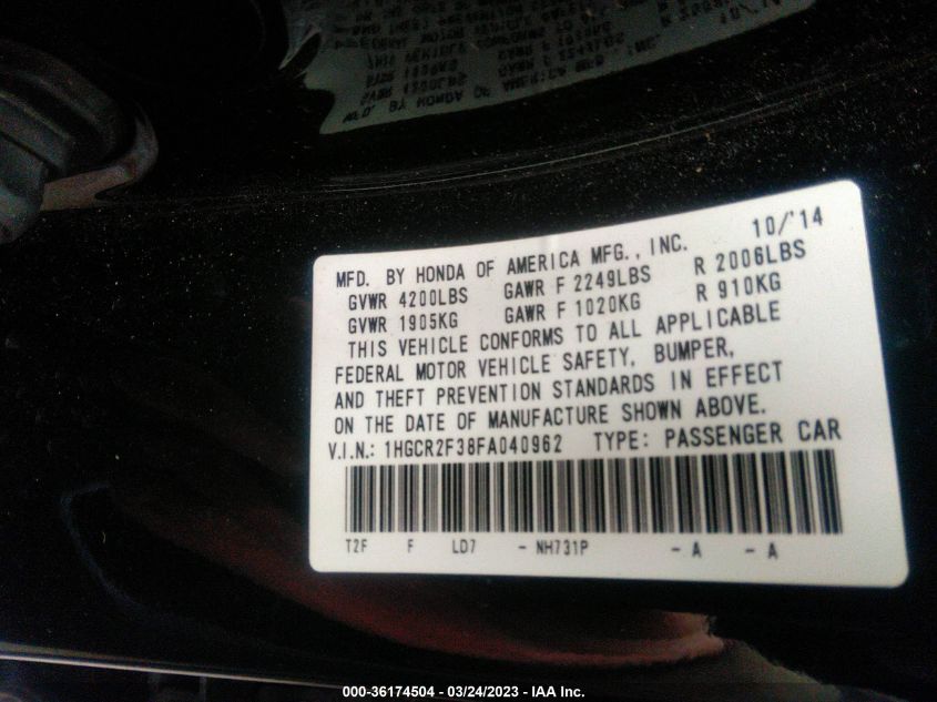 2015 HONDA ACCORD SEDAN LX - 1HGCR2F38FA040962