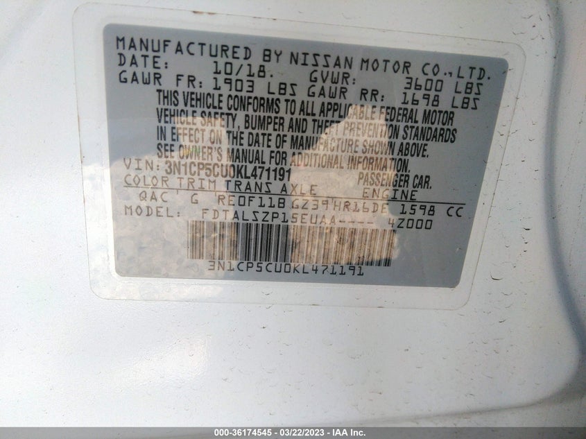 VIN 3N1CP5CU0KL471191 2019 NISSAN KICKS SV