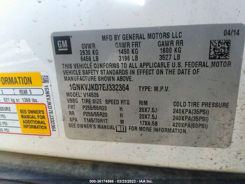 2014 CHEVROLET TRAVERSE LTZ - 1GNKVJKD7EJ332364