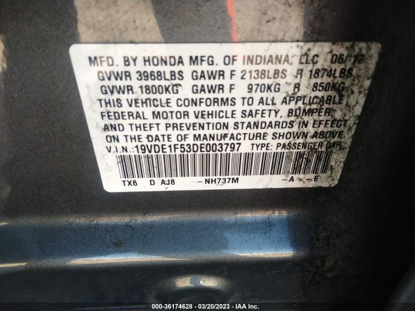 2013 ACURA ILX PREMIUM PKG - 19VDE1F53DE003797