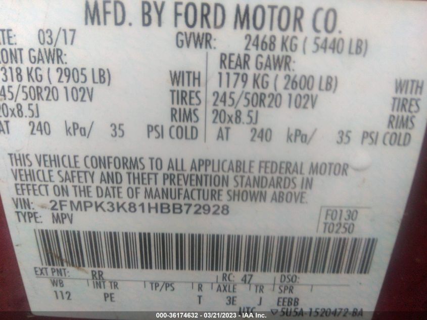 2FMPK3K81HBB72928 2017 FORD EDGE, photo no. 9