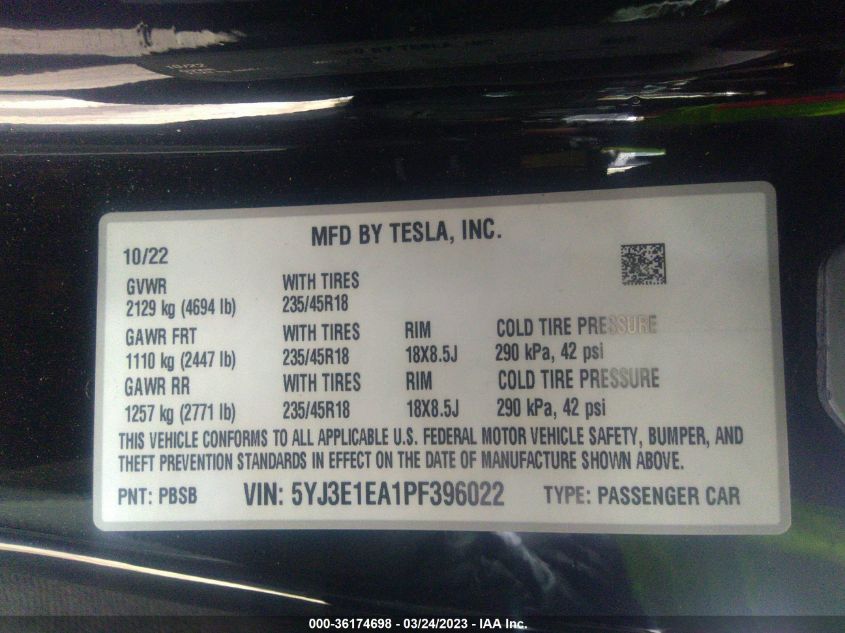 2023 TESLA MODEL 3 - 5YJ3E1EA1PF396022