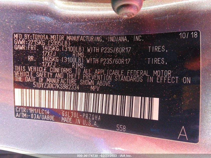 2019 TOYOTA SIENNA XLE AUTO ACCESS - 5TDYZ3DC7KS982334