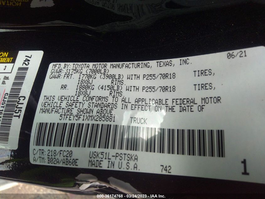 2021 TOYOTA TUNDRA 2WD SR5 - 5TFEY5F1XMX285881