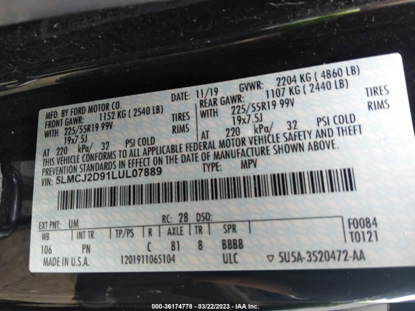 2020 LINCOLN CORSAIR RESERVE - 5LMCJ2D91LUL07889
