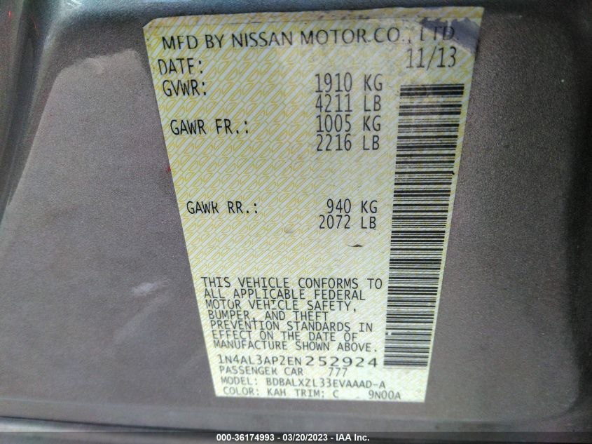 2014 NISSAN ALTIMA 2.5 SL - 1N4AL3AP2EN252924