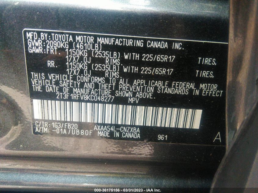 2019 TOYOTA RAV4 LE - 2T3F1RFV8KC048277