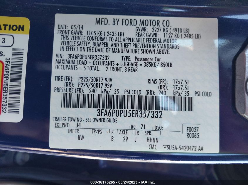 2014 FORD FUSION ENERGI SE LUXURY - 3FA6P0PU5ER357332