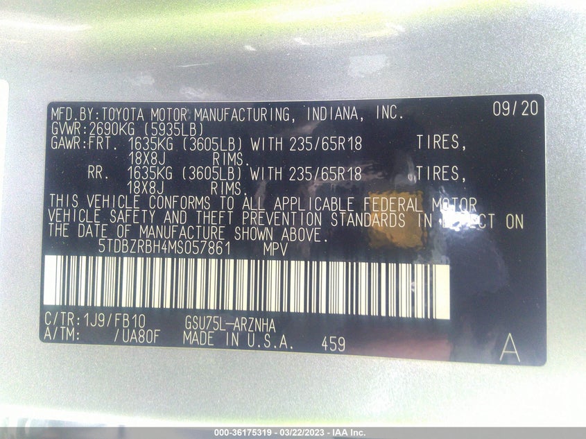 VIN 5TDBZRBH4MS057861 2021 TOYOTA HIGHLANDER L/LE