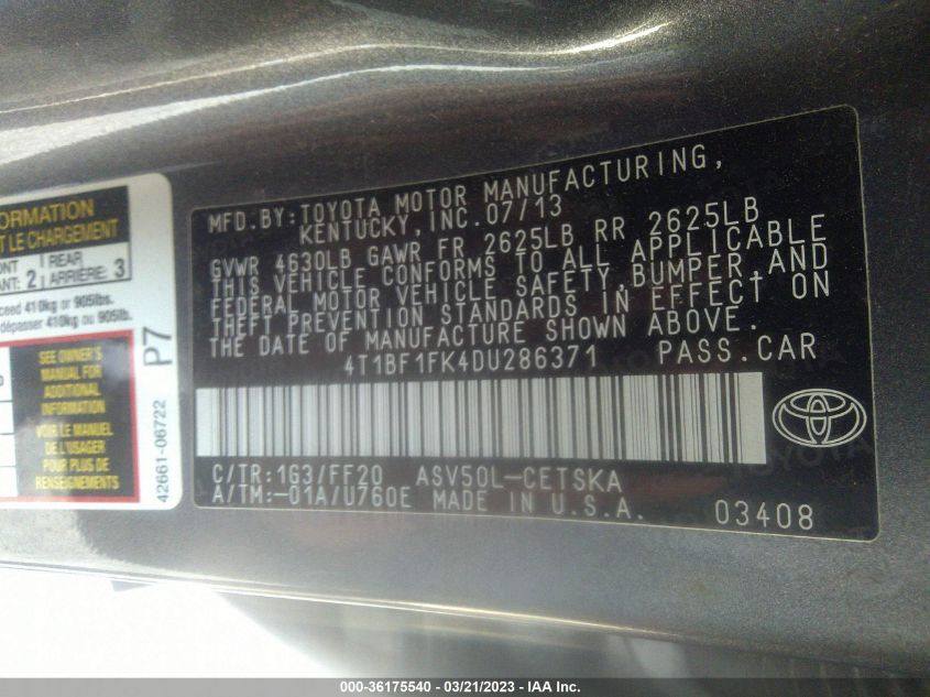 2013 TOYOTA CAMRY L/LE/SE/XLE - 4T1BF1FK4DU286371