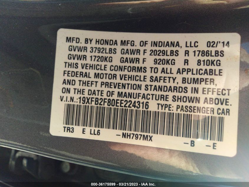 2014 HONDA CIVIC SEDAN EX - 19XFB2F80EE224316