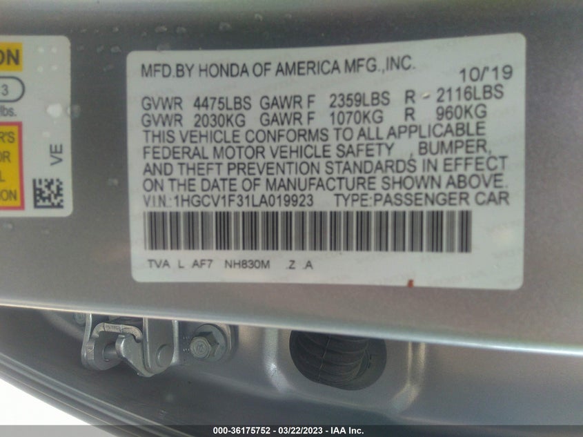 VIN 1HGCV1F31LA019923 2020 HONDA ACCORD SEDAN SPORT
