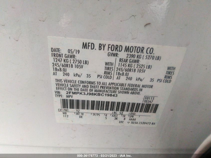 2019 FORD EDGE SEL - 2FMPK3J98KBC19843