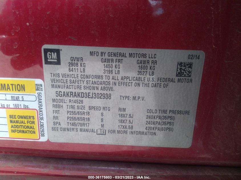 2014 BUICK ENCLAVE CONVENIENCE - 5GAKRAKD3EJ302938