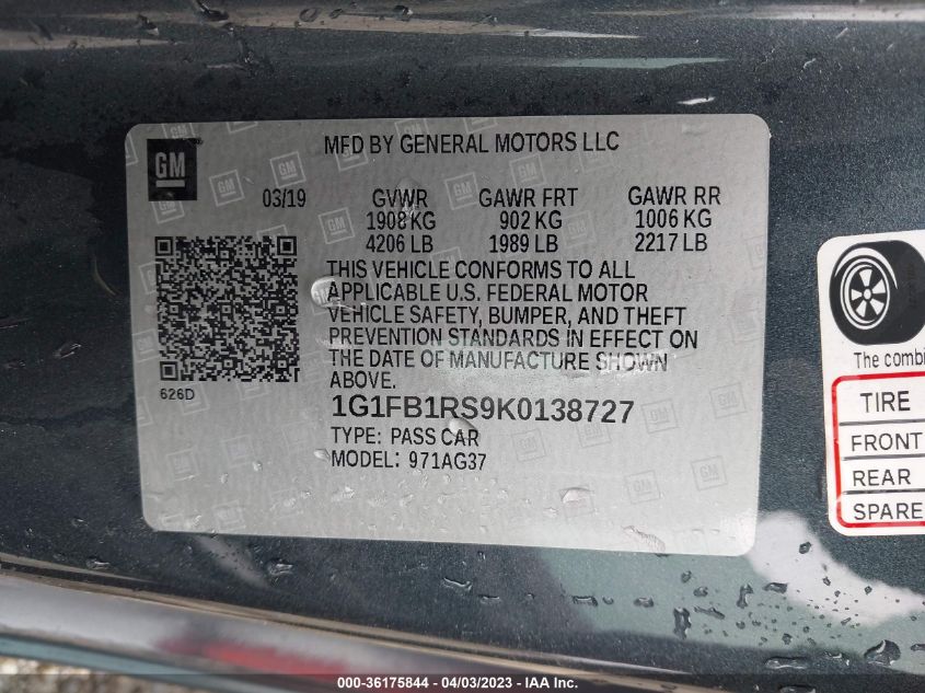 2019 CHEVROLET CAMARO 1LT - 1G1FB1RS9K0138727