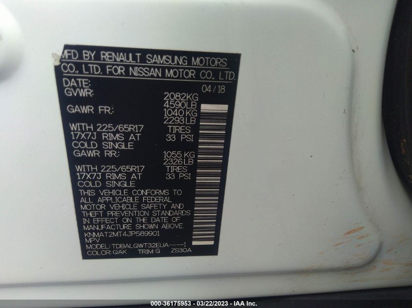 2018 NISSAN ROGUE SV - KNMAT2MT4JP589901