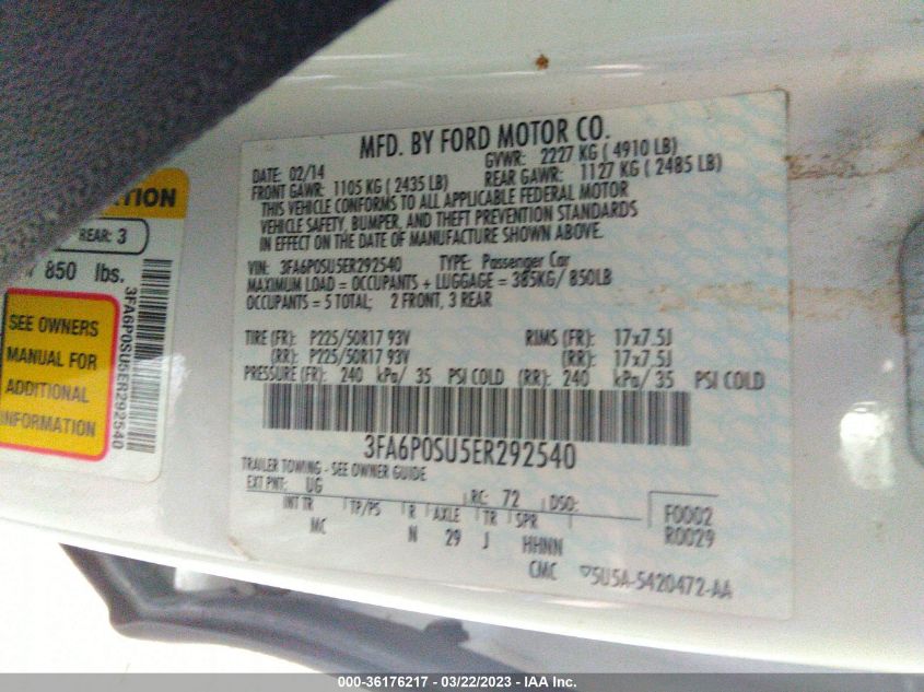 2014 FORD FUSION ENERGI TITANIUM - 3FA6P0SU5ER292540
