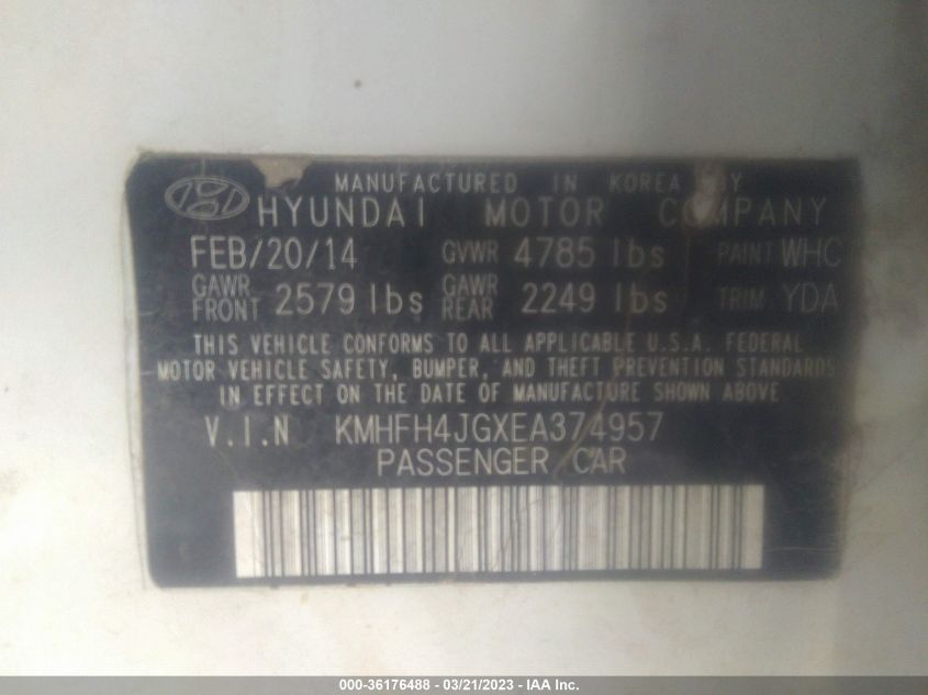 2014 HYUNDAI AZERA LIMITED KMHFH4JGXEA374957
