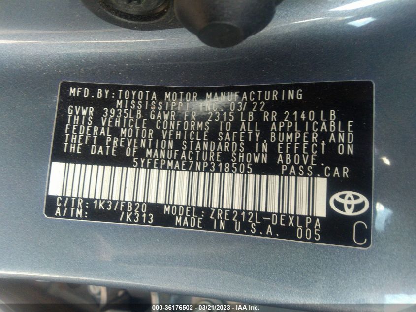 2022 TOYOTA COROLLA LE - 5YFEPMAE7NP318505