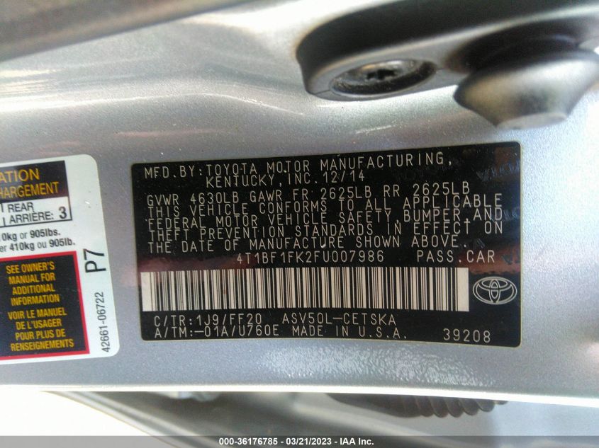 2015 TOYOTA CAMRY XLE/SE/LE/XSE - 4T1BF1FK2FU007986