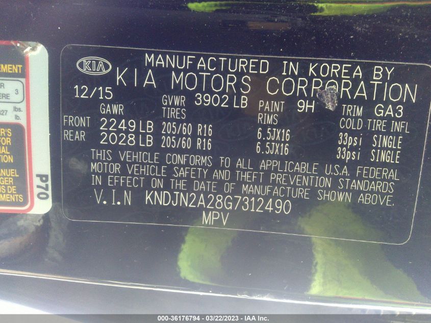 2016 KIA SOUL BASE - KNDJN2A28G7312490