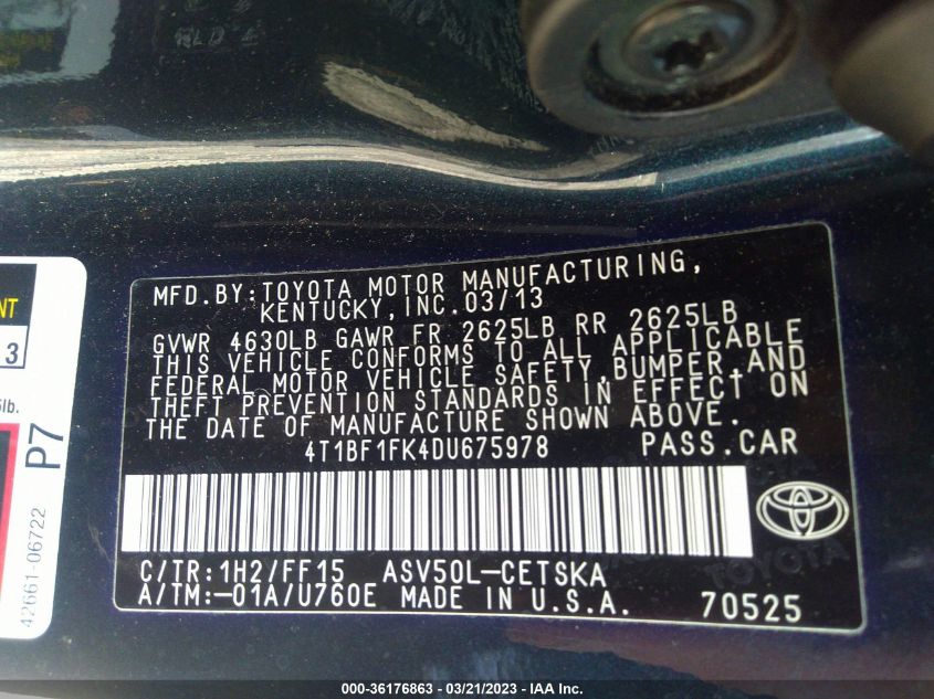 2013 TOYOTA CAMRY L/LE/SE/XLE - 4T1BF1FK4DU675978