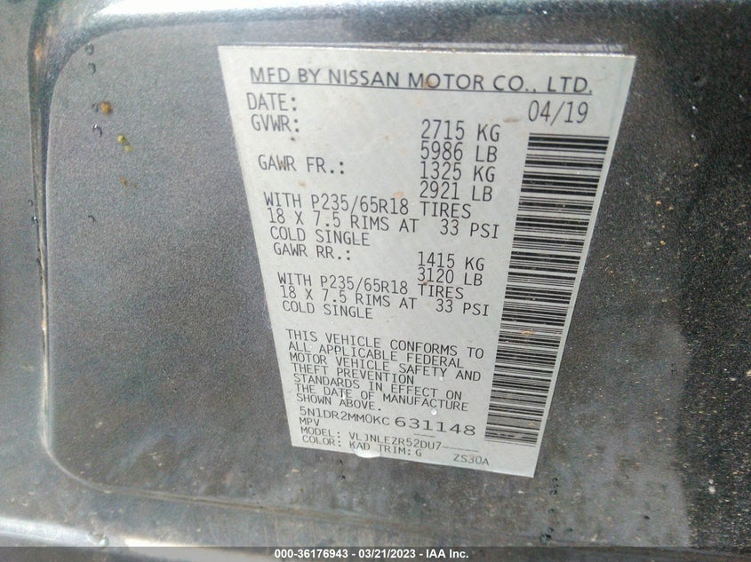 VIN 5N1DR2MM0KC631148 2019 NISSAN PATHFINDER SV