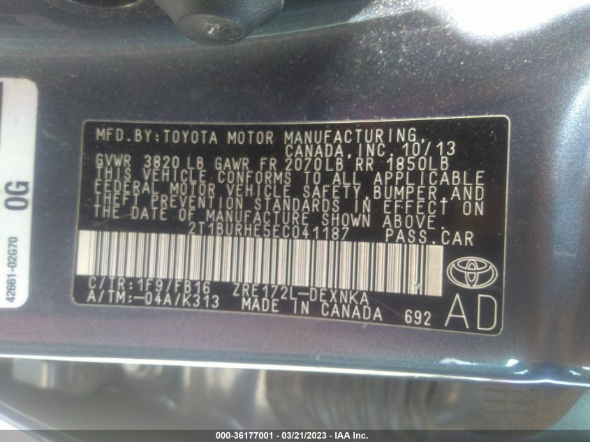 2014 TOYOTA COROLLA L/LE/S/S PLUS/LE PLUS - 2T1BURHE5EC041187