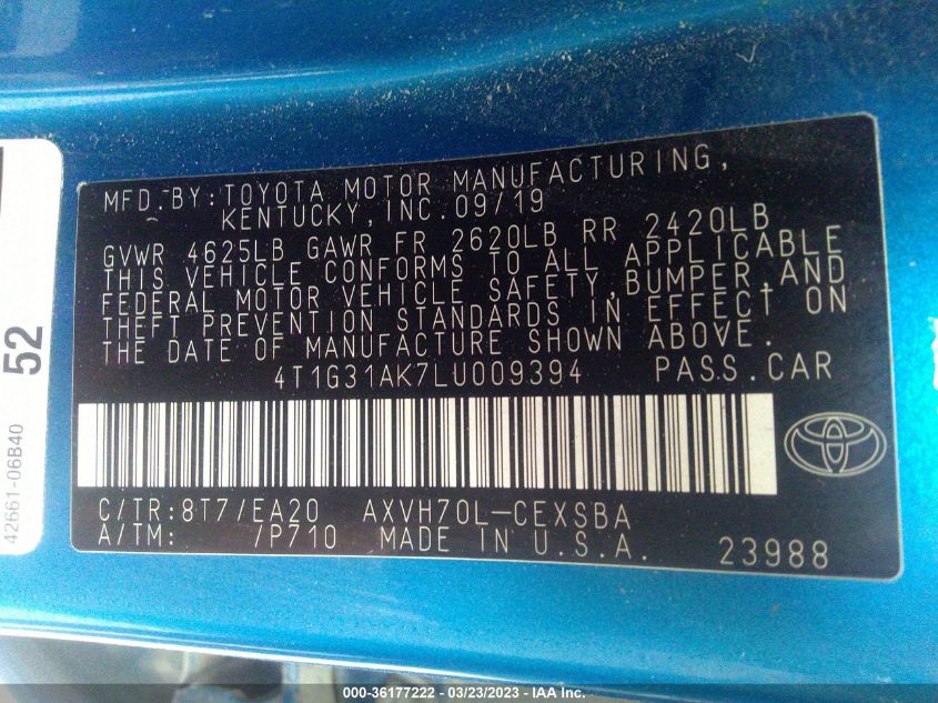 2020 TOYOTA CAMRY HYBRID SE - 4T1G31AK7LU009394