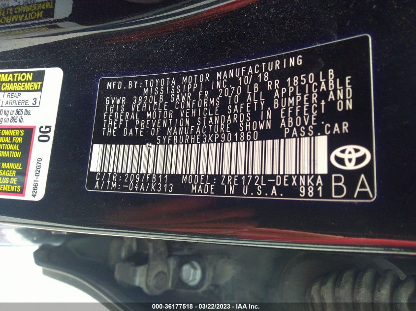 2019 TOYOTA COROLLA L/LE/SE/XLE/XSE - 5YFBURHE3KP901860
