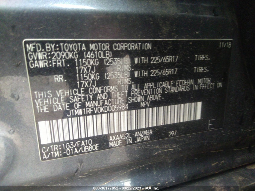 VIN JTMW1RFV0KD005984 2019 TOYOTA RAV4 XLE