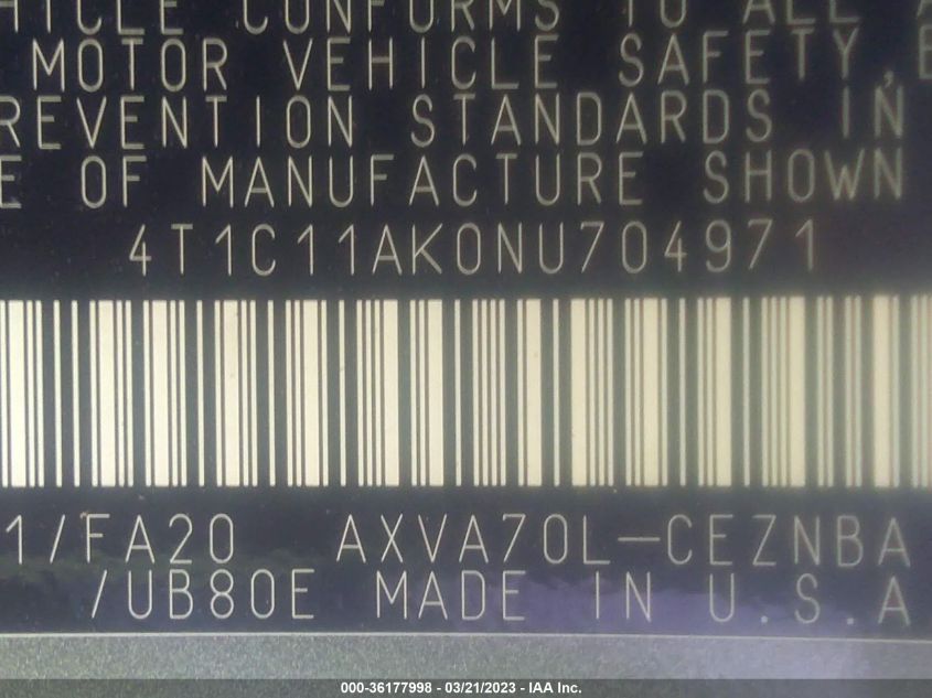 2022 TOYOTA CAMRY LE - 4T1C11AK0NU704971