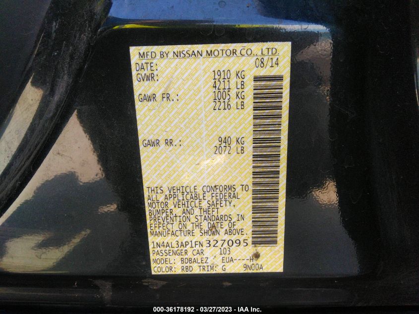 2015 NISSAN ALTIMA 2.5 S - 1N4AL3AP1FN327095