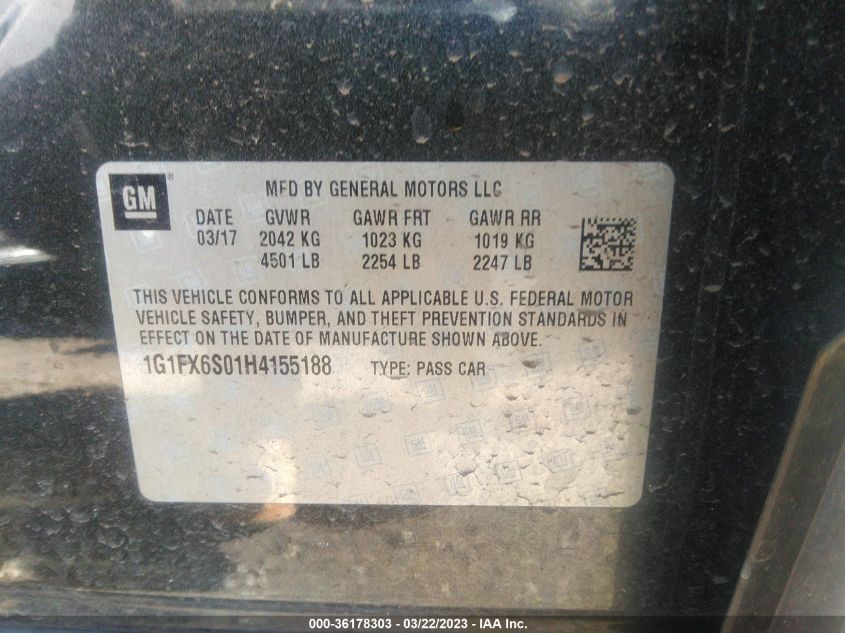 2017 CHEVROLET BOLT EV PREMIER 1G1FX6S01H4155188