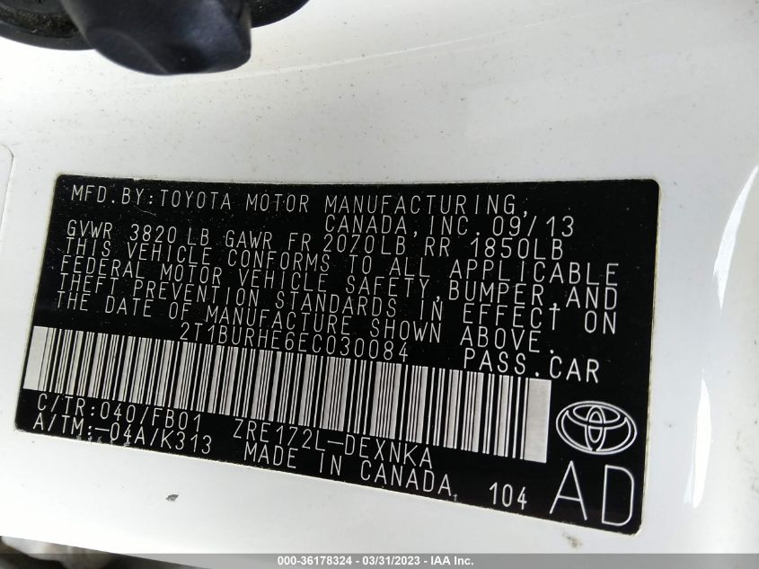 2014 TOYOTA COROLLA L/LE/S/S PLUS/LE PLUS - 2T1BURHE6EC030084