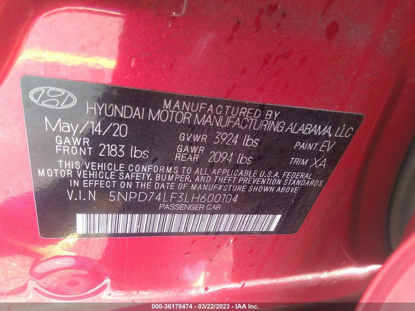 VIN 5NPD74LF3LH600104 2020 HYUNDAI ELANTRA SE