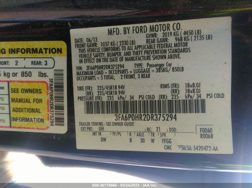 2013 FORD FUSION SE - 3FA6P0HR2DR375294