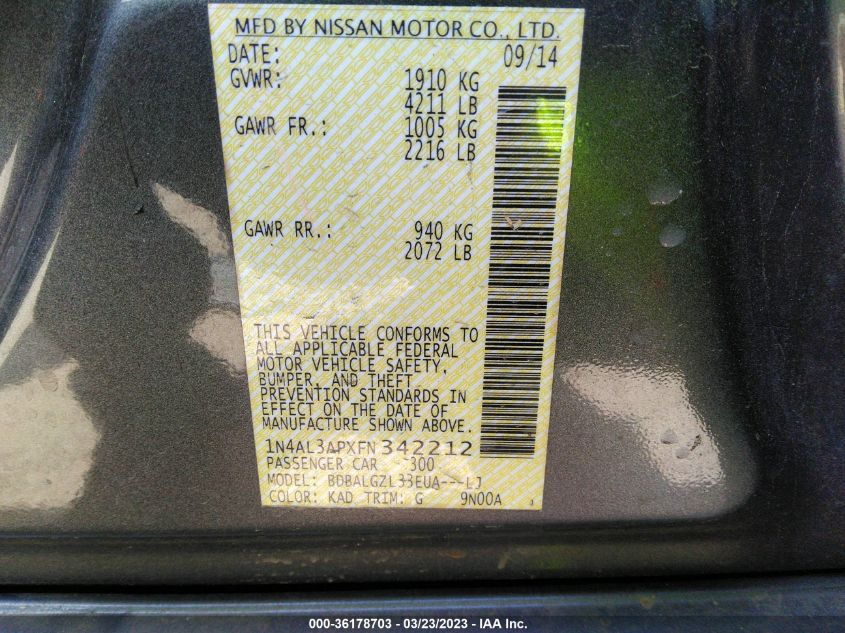 2015 NISSAN ALTIMA 2.5 S - 1N4AL3APXFN342212