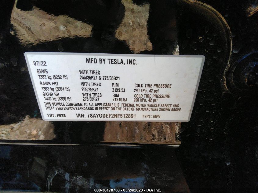 2022 TESLA MODEL Y PERFORMANCE - 7SAYGDEF2NF512891